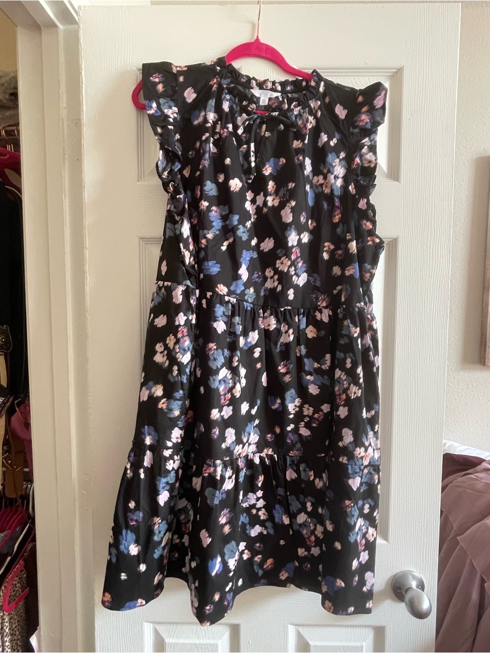 Black Floral Ruffle Sleeve Dress - Pink & Blue Flower Print